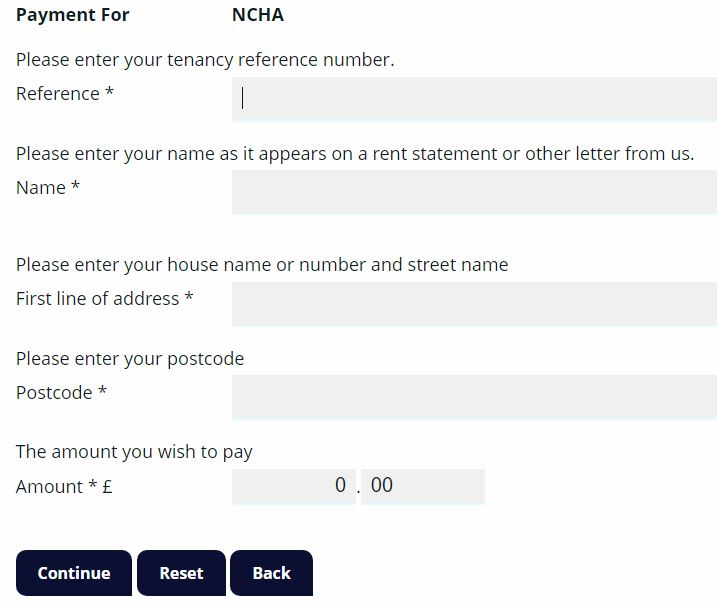 Screenshot of the payments page on the NCHA website, asking for tenancy reference number, name and address.